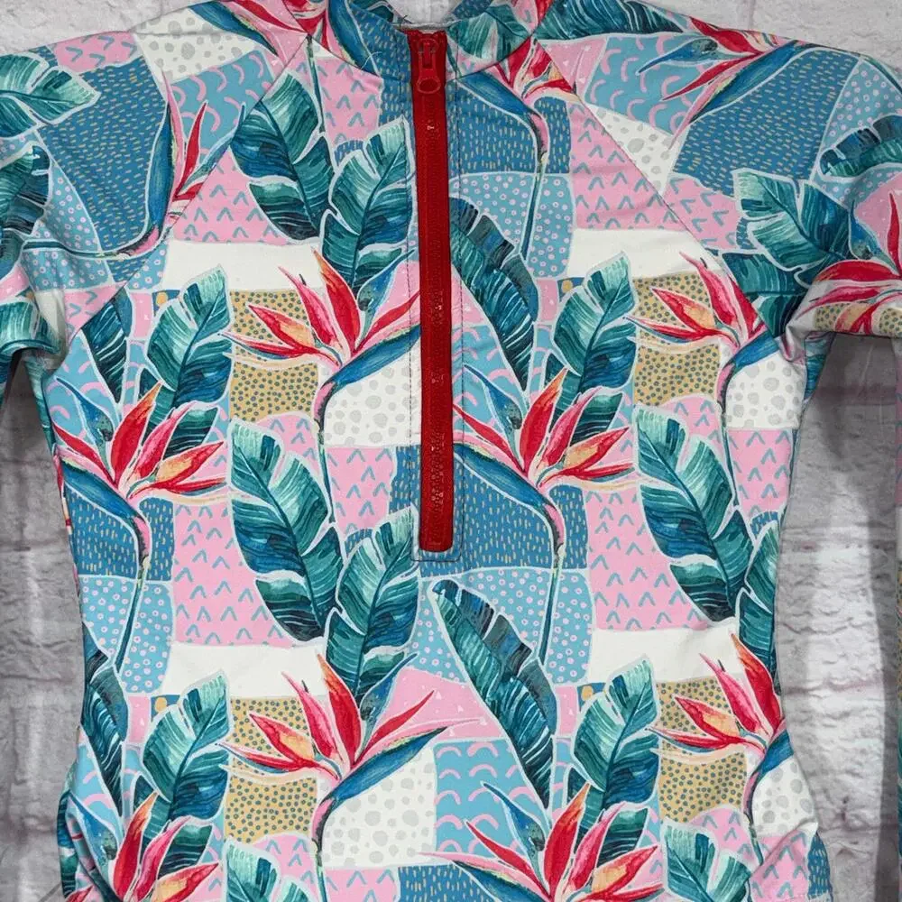 Tropical Print Medium Long Sleeve One-Piece Swimsuit